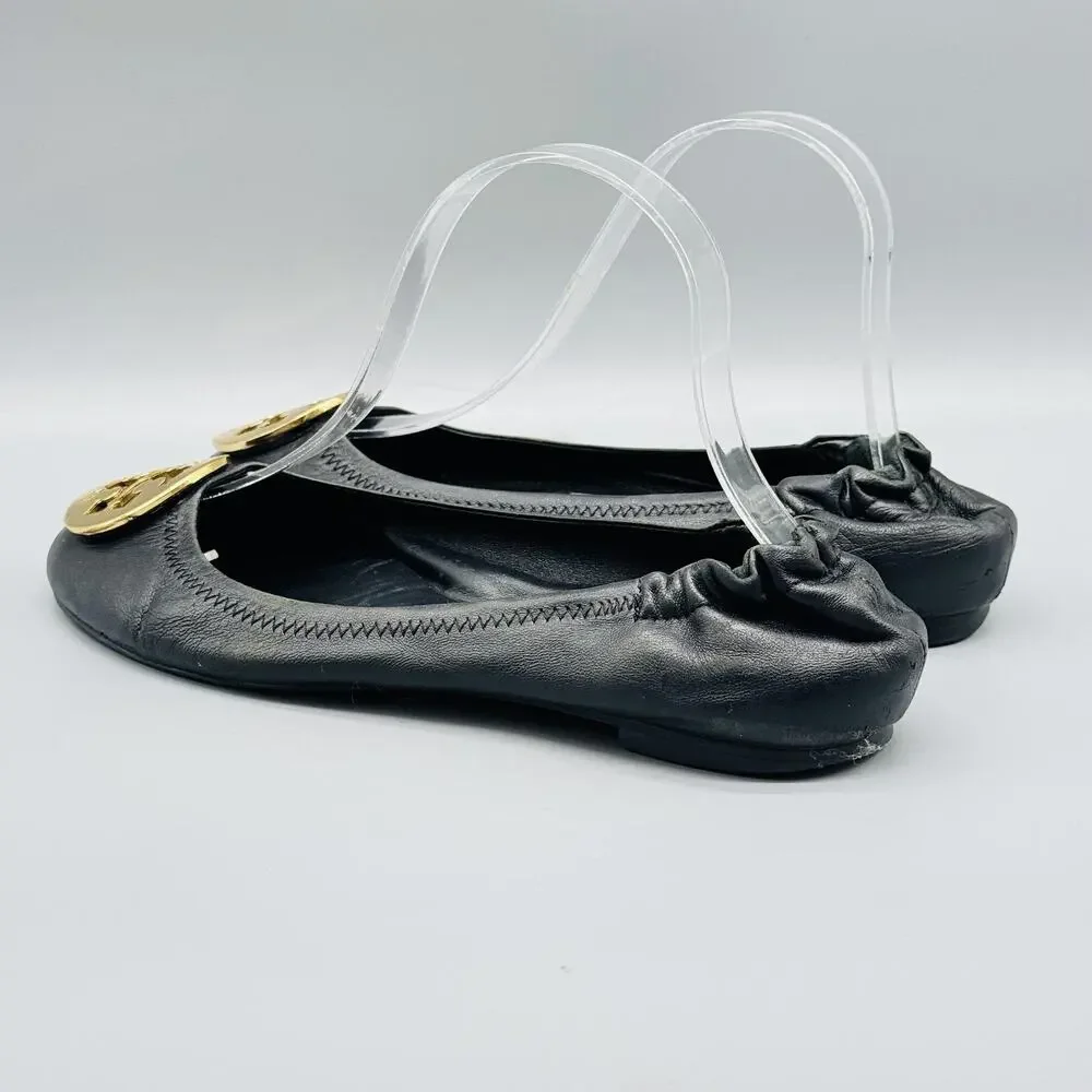 Tory Burch Shoes Women 7.5 Black Leather Ballet Flats Gold Medallion Logo Travel